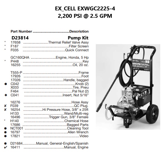 EX-CELL model EXWGC2225-4 power washer parts